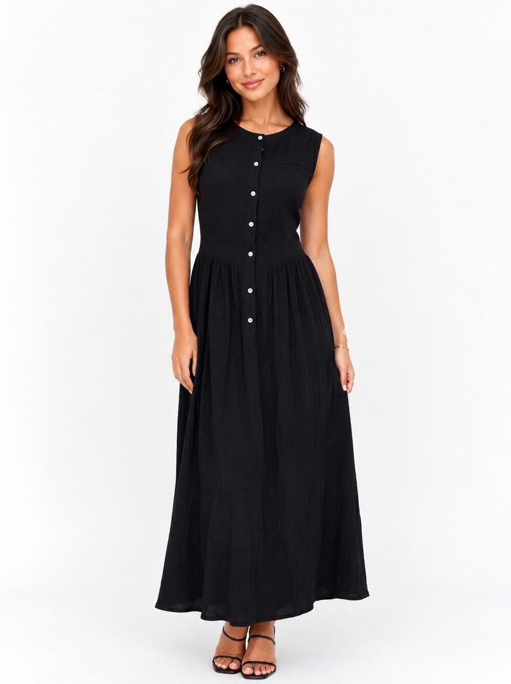 No 6 Store Maxi Shirt Dress Button Down Black Sleeveless Round Neck Rayon 3 L